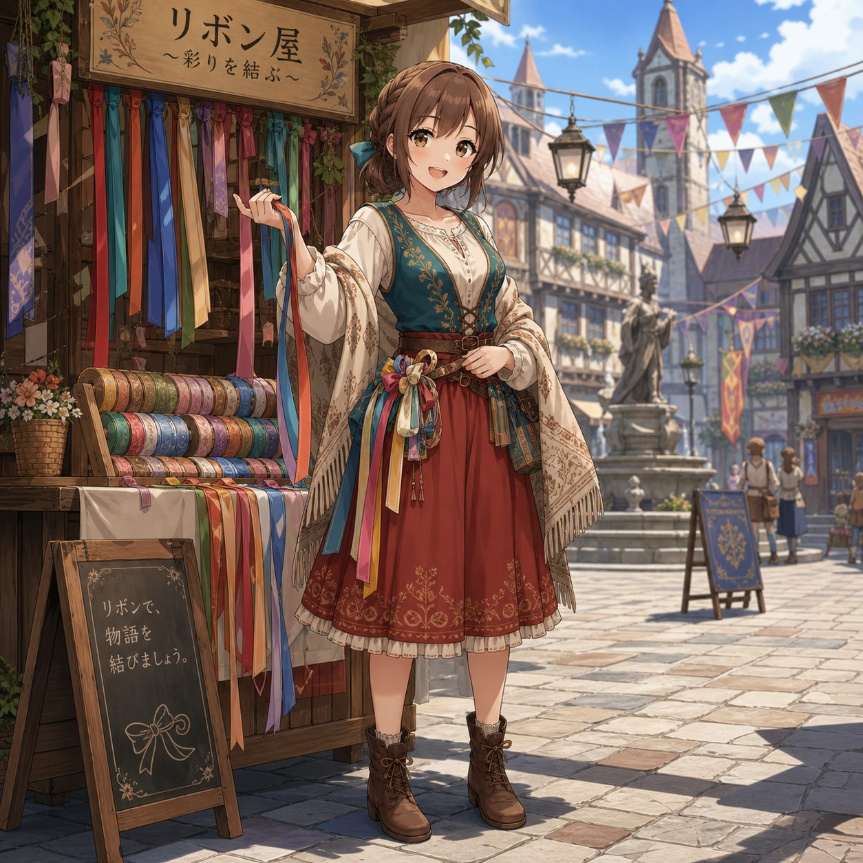 ファンタジー中世の祭りでリボンを売る街娘の服装