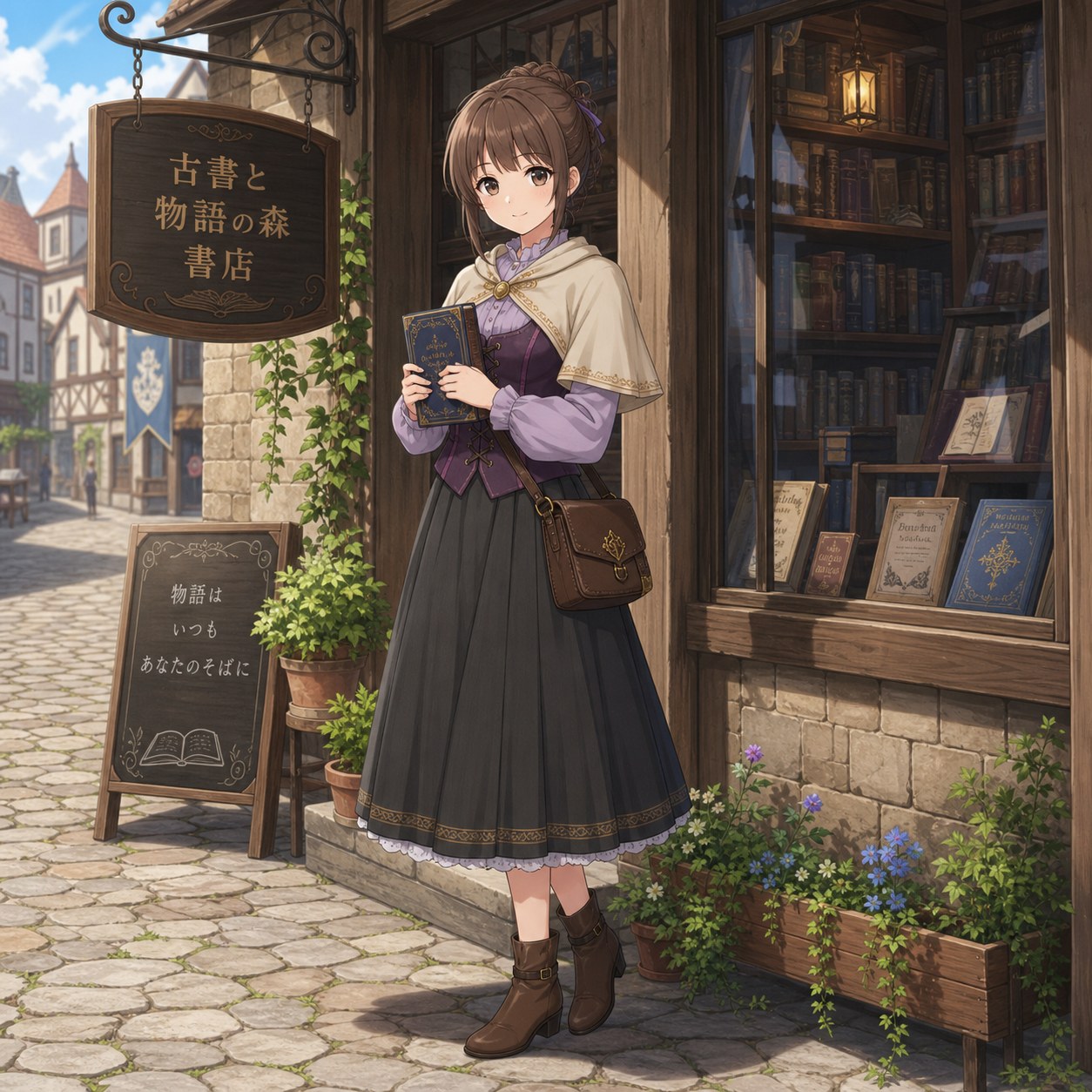 ファンタジー中世の古書店で働く街娘の服装