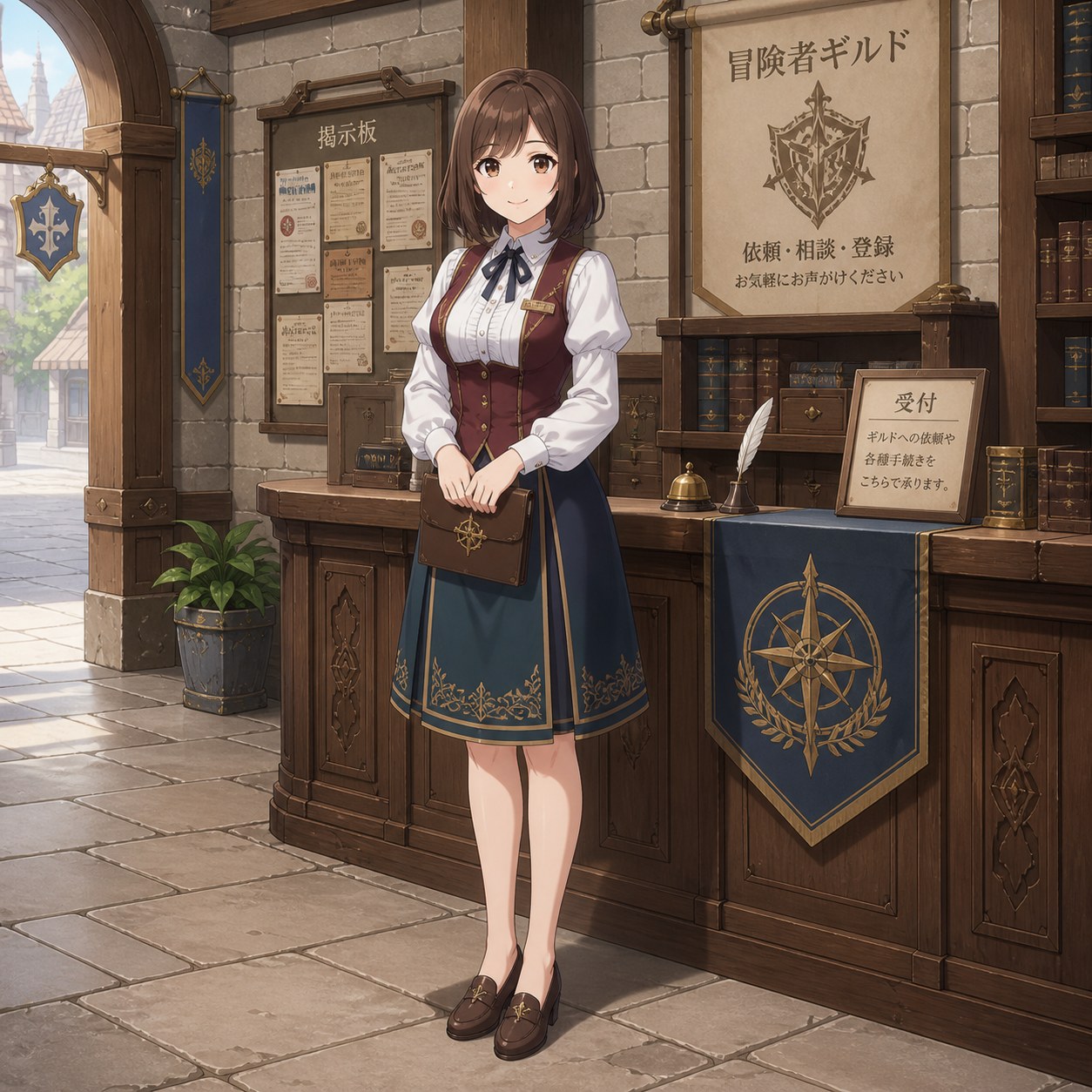 ファンタジー中世の冒険者ギルドで受付をする街娘の服装