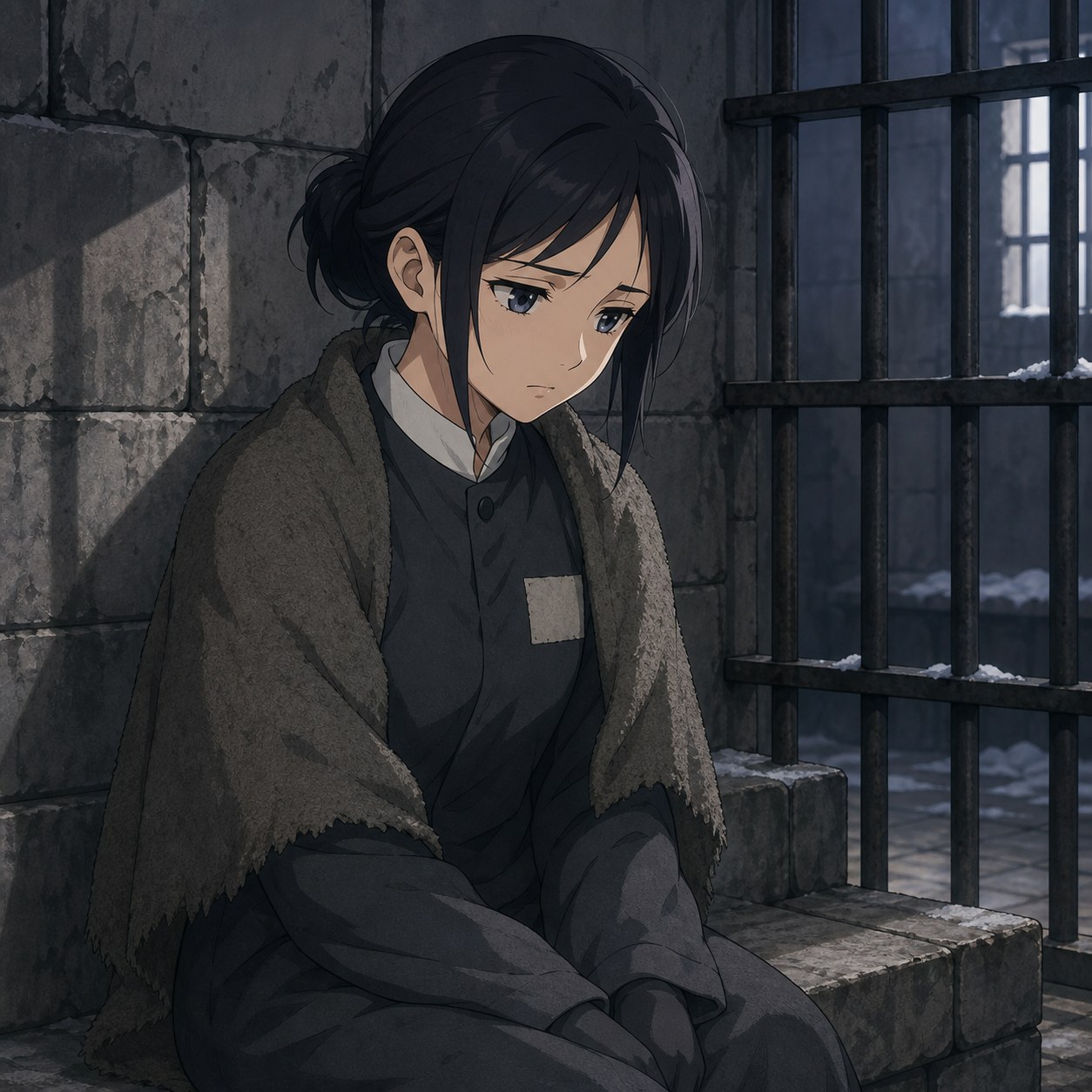 刑務所内を移送される女性囚人の簡素な服装