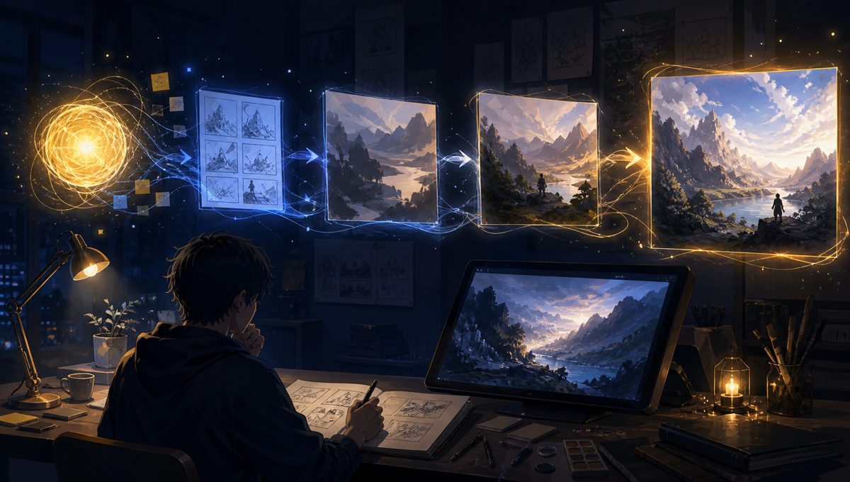 画像生成AIと人の判断を組み合わせて作品を仕上げるイメージ