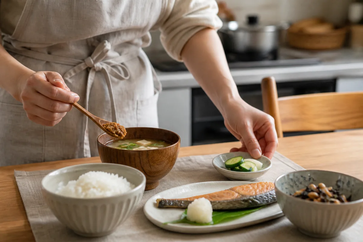 味噌汁と漬物を食卓へ並べる様子