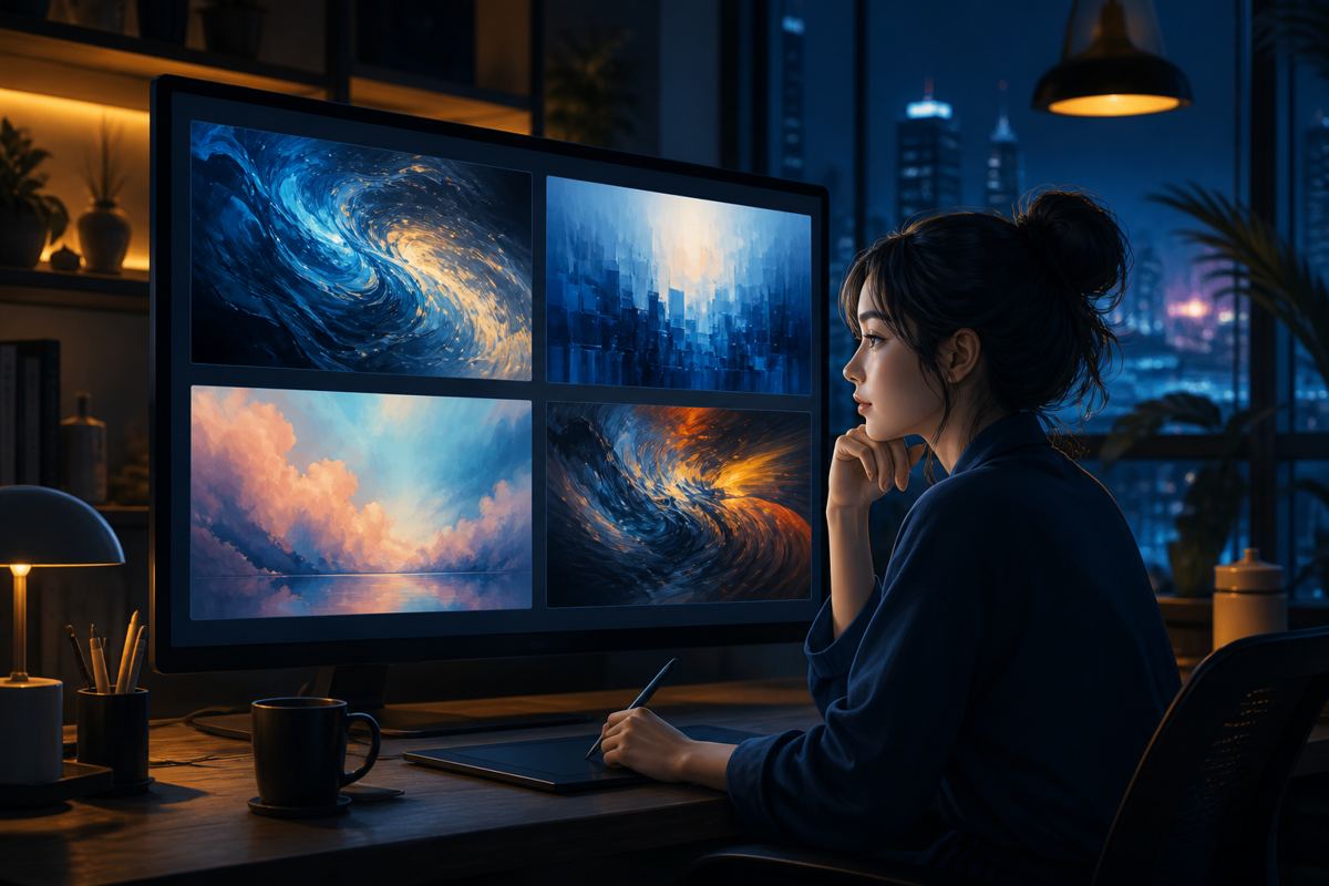 AI画像生成の完了を待ちながら複数の生成結果を確認するイメージ