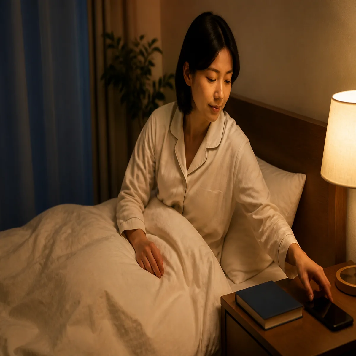 就寝前にスマートフォンを離して休む準備をする人