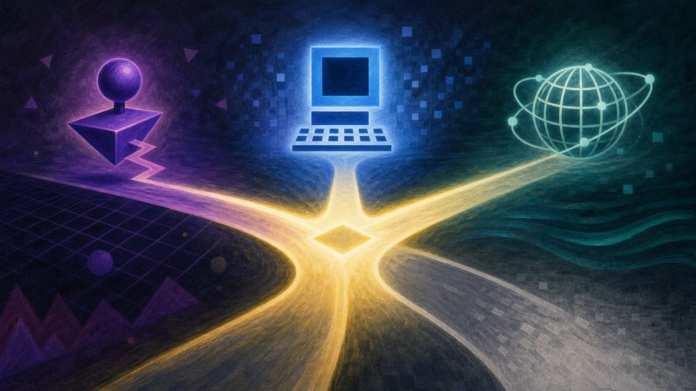 ゲーム機、家庭用コンピューター、インターネット端末の間で揺れる1990年代の市場を表すオリジナルイラスト