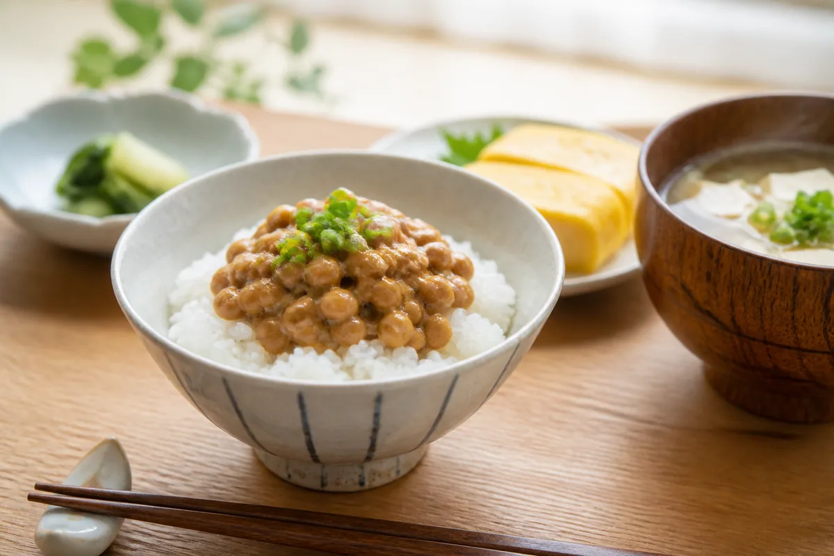 朝食の食卓に置かれた納豆とご飯