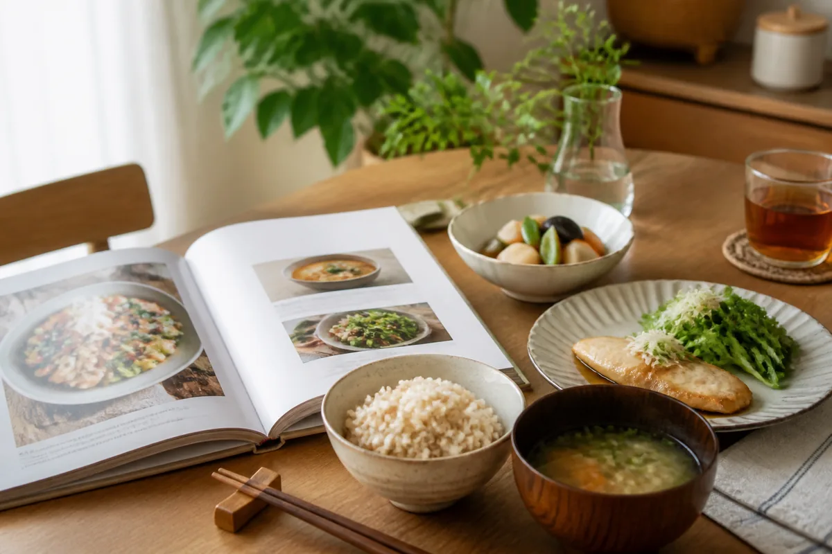 バランスのよい献立を学ぶレシピ本と食卓