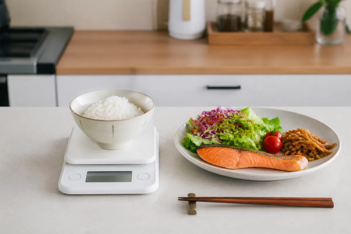 ご飯の量をキッチンスケールで確認する様子