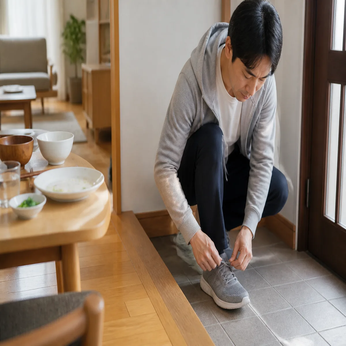 食事のあとに歩く靴を準備する様子