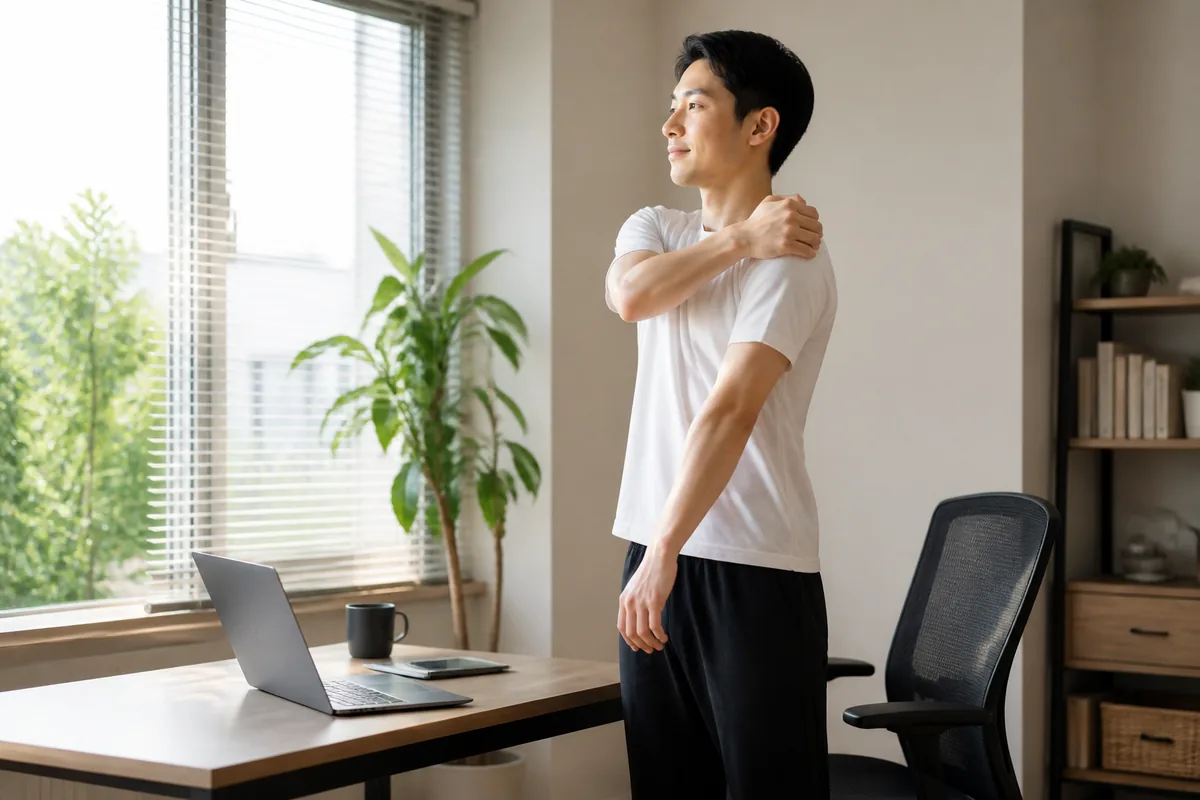 仕事の合間に肩を動かす男性