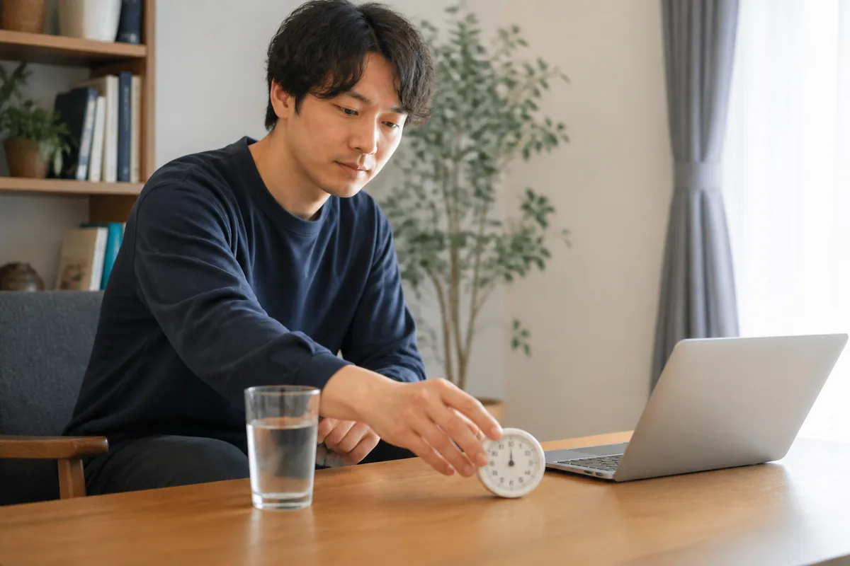 デスクのタイマーを確認する男性
