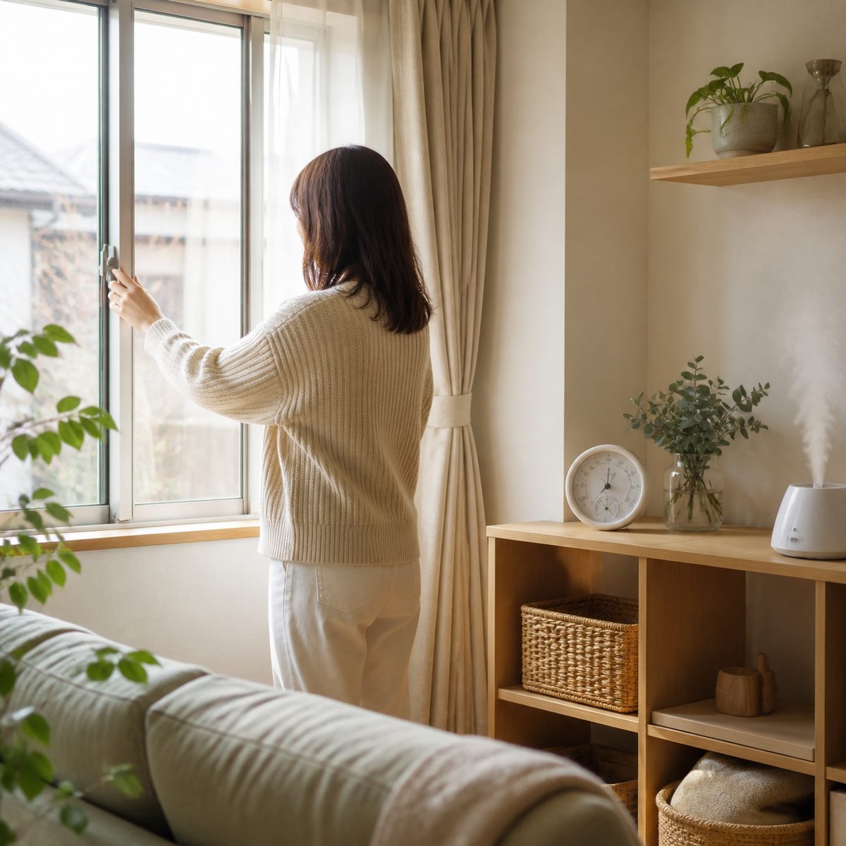 窓を開けて室内を換気するイメージ