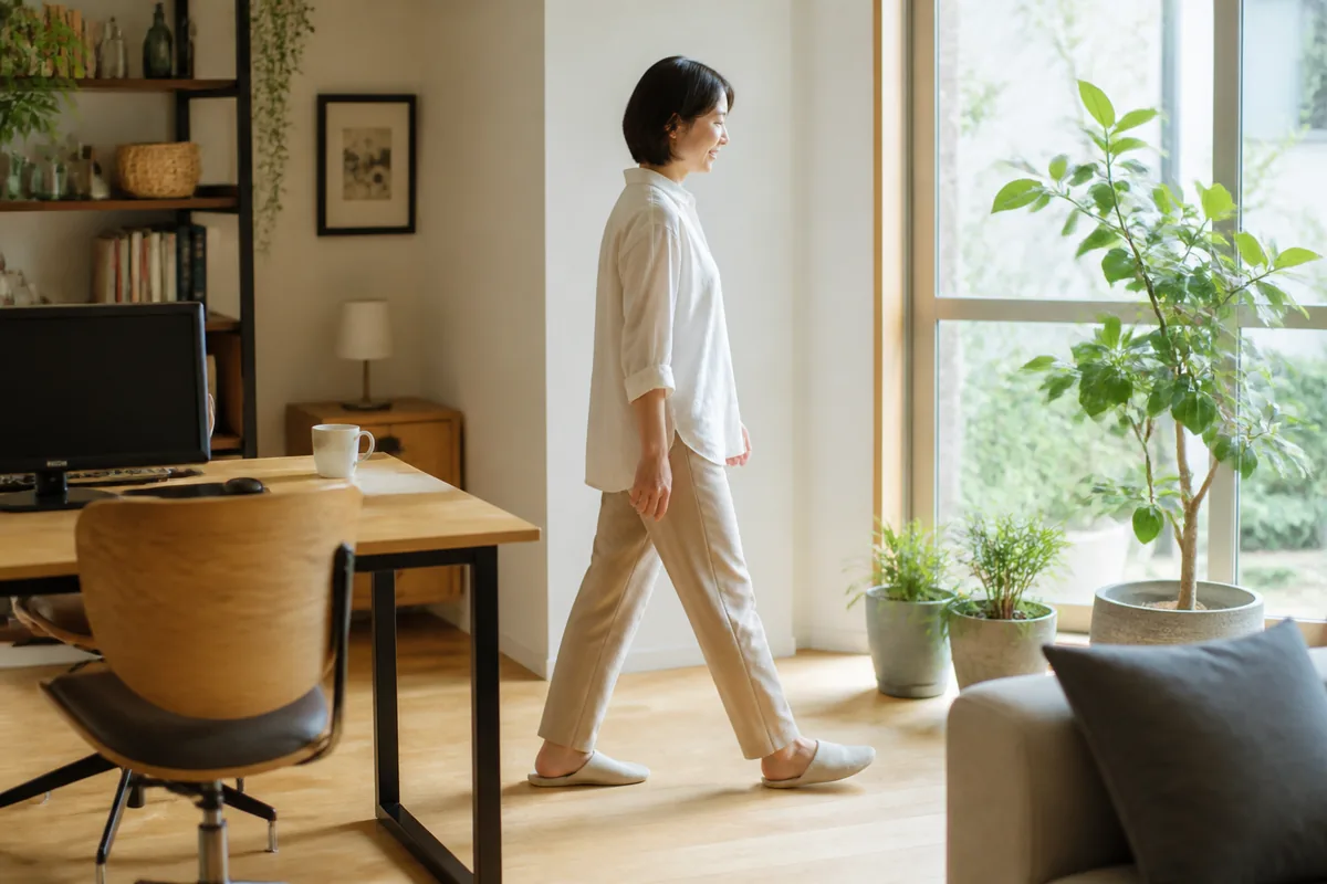 仕事の合間に部屋を歩く女性