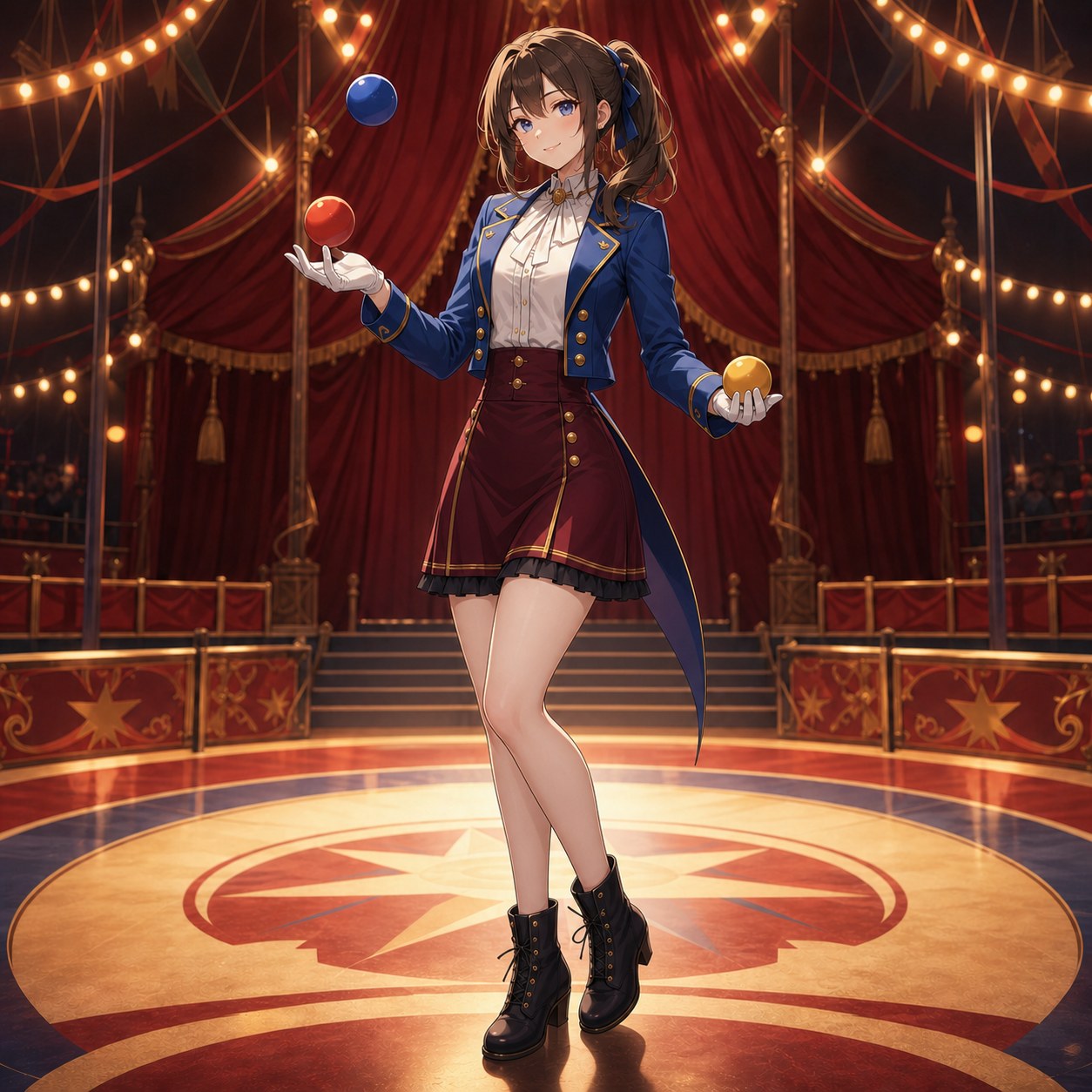 青いジャケットとワインレッドのスカートを着た女性ジャグラー