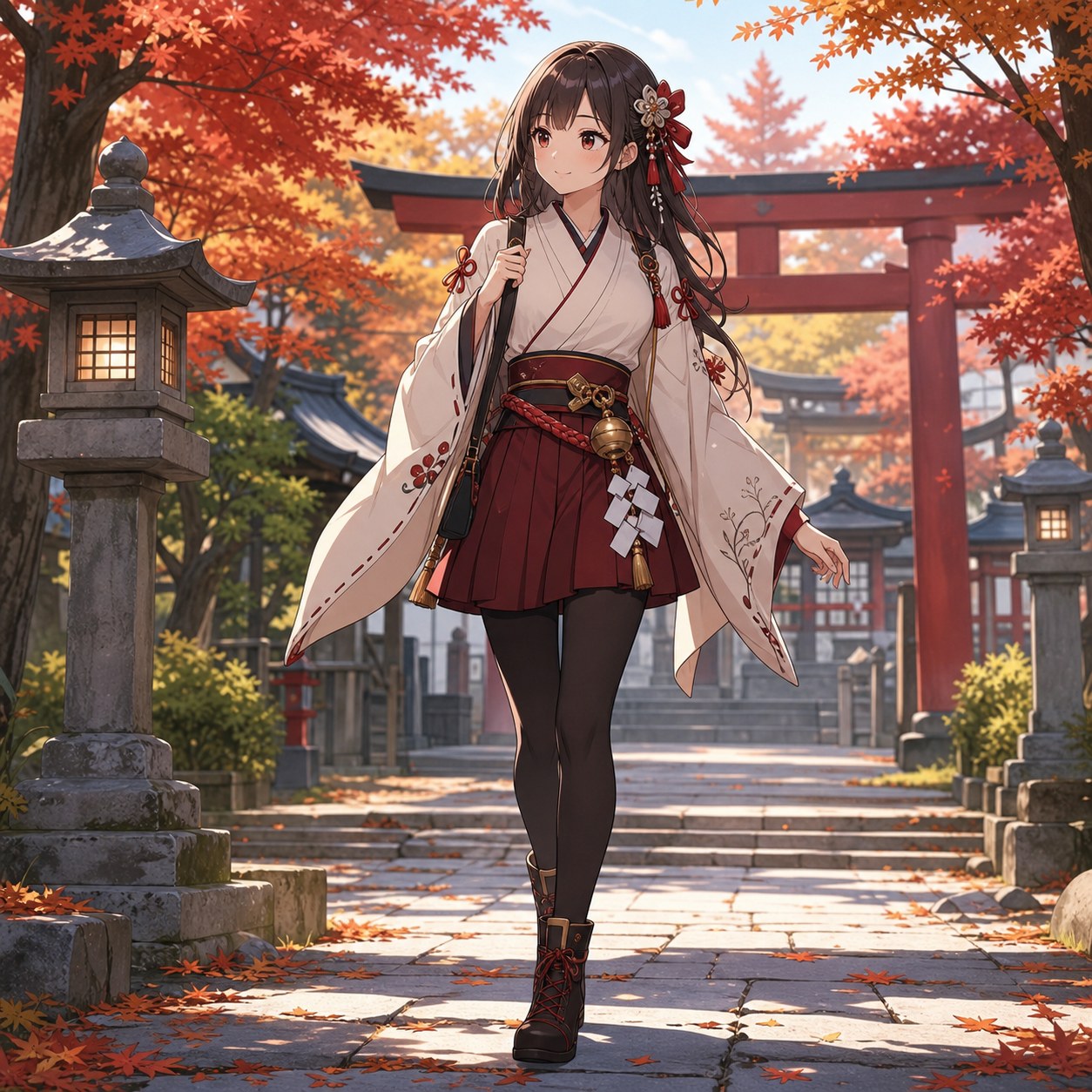 紅葉の参道を歩く旅巫女