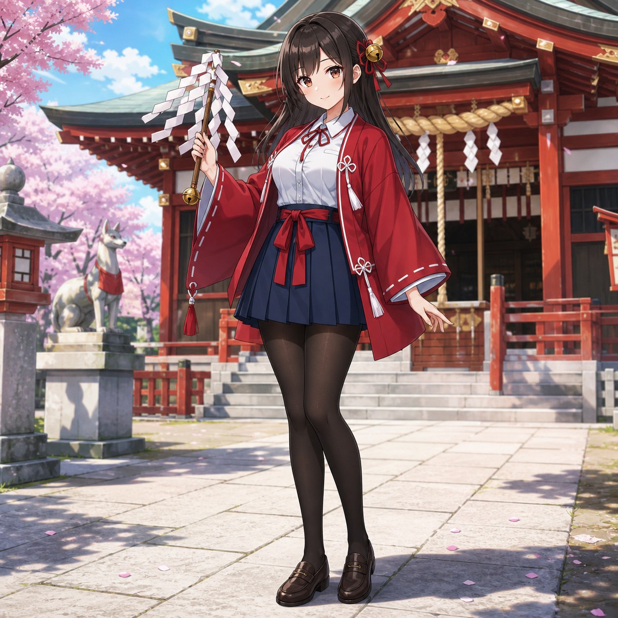 赤い羽織の現代風ミニスカート巫女