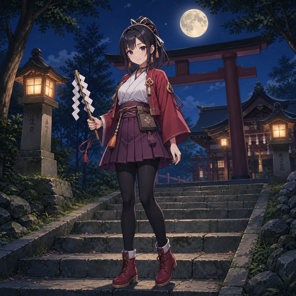 月夜の石段を進む紫色のミニスカート巫女