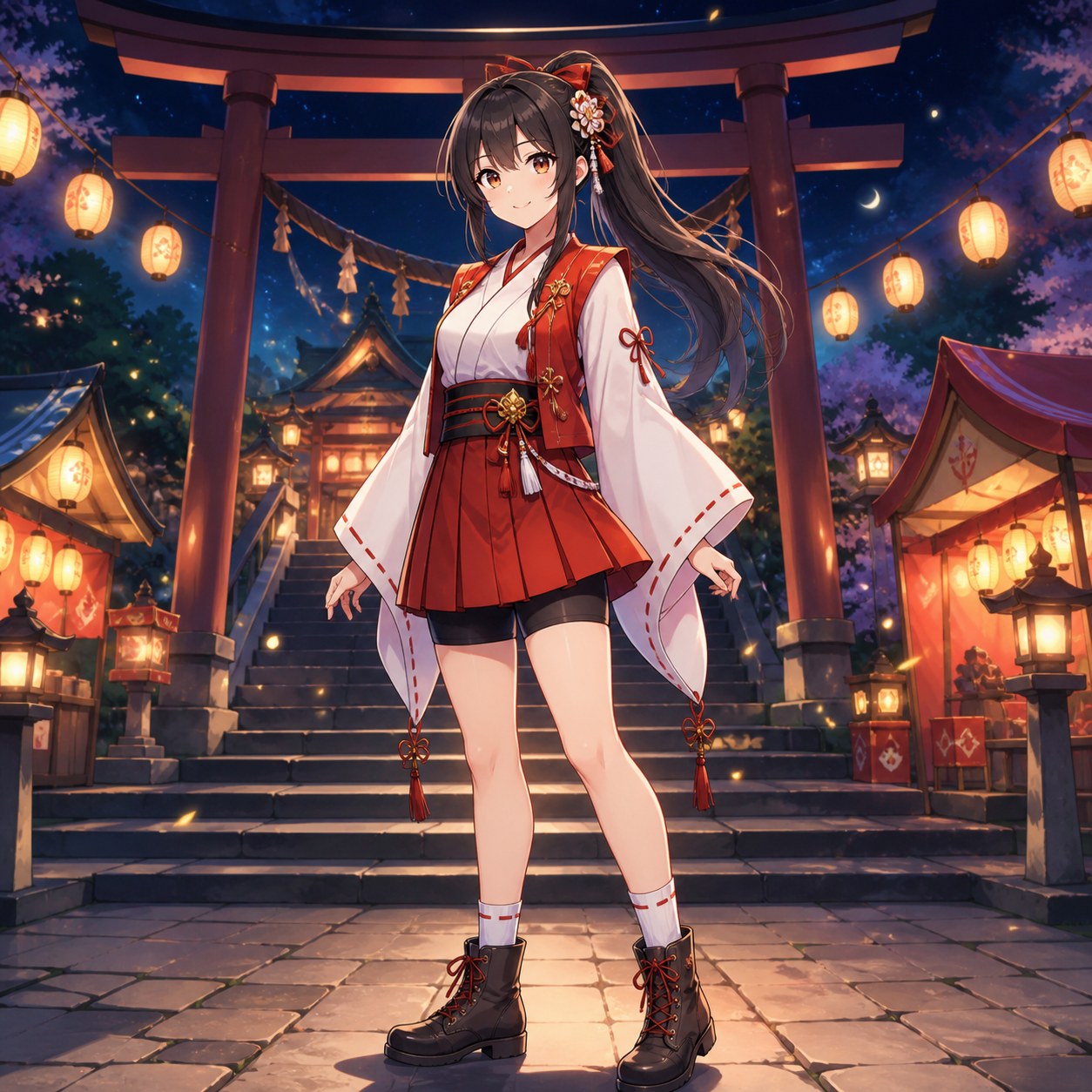 夜祭を彩る提灯柄のミニスカート巫女