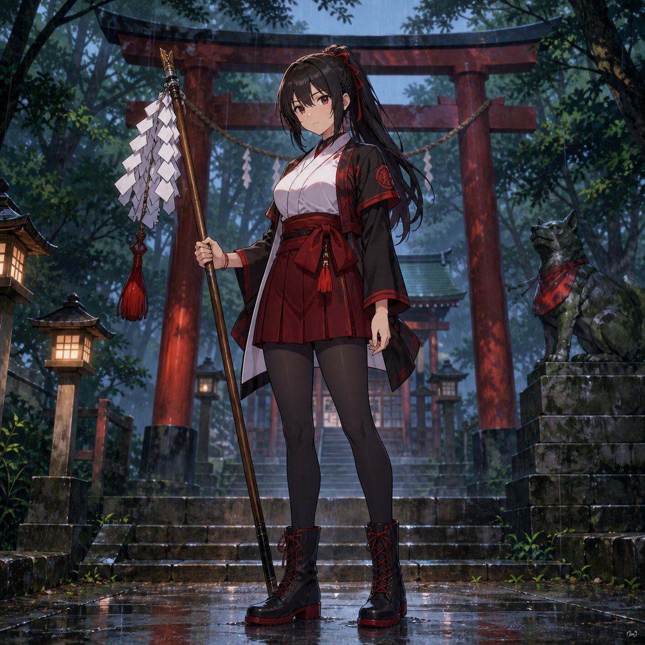 雨の森を守る黒赤ミニスカート巫女