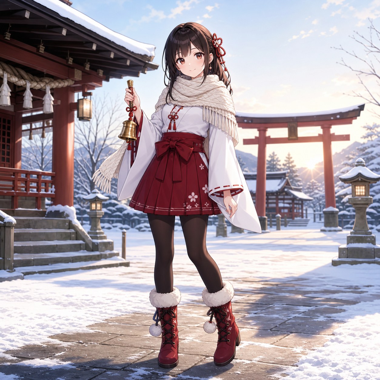 雪景色に合う冬のミニスカート巫女