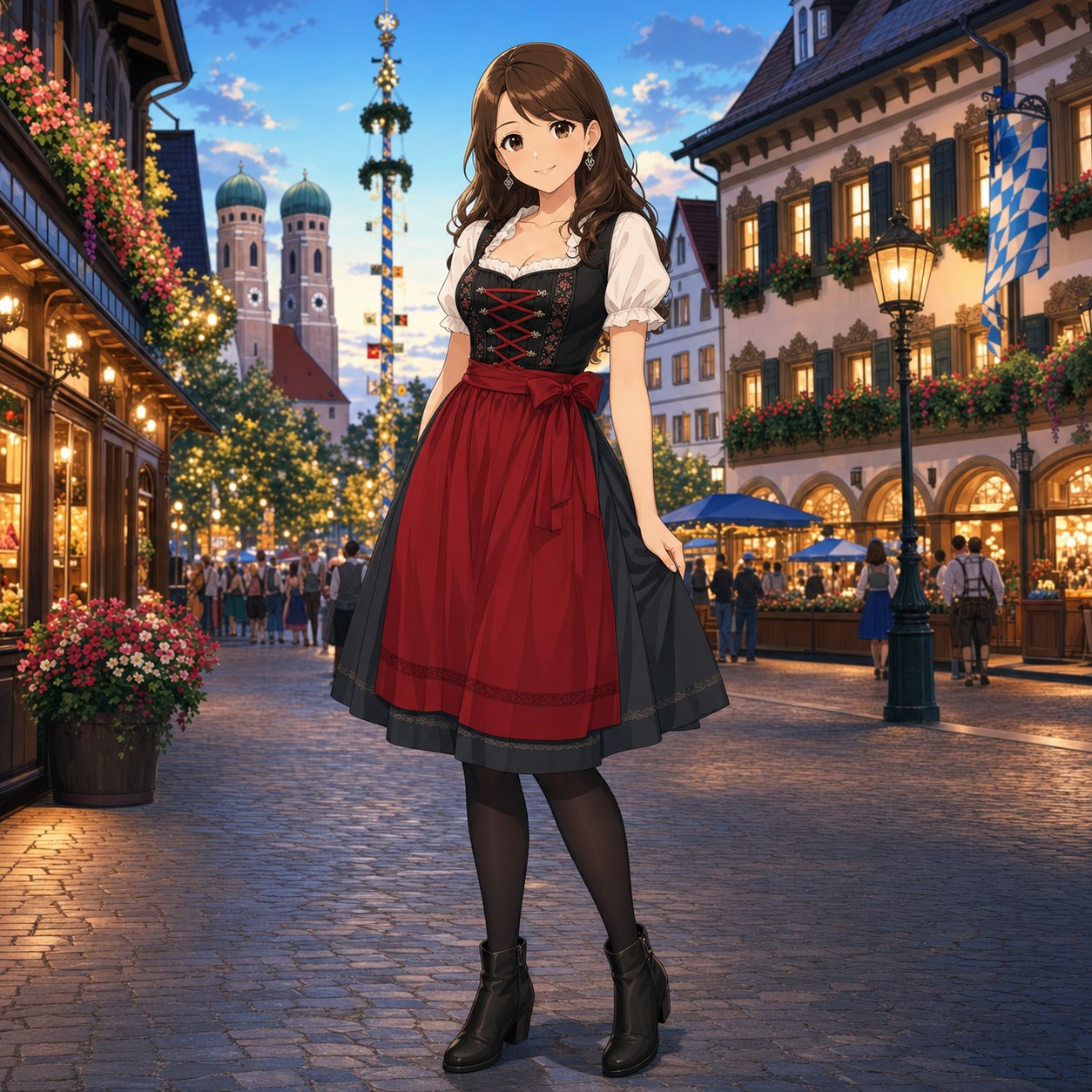 黒い身頃と赤いエプロンを組み合わせた現代的なディアンドル
