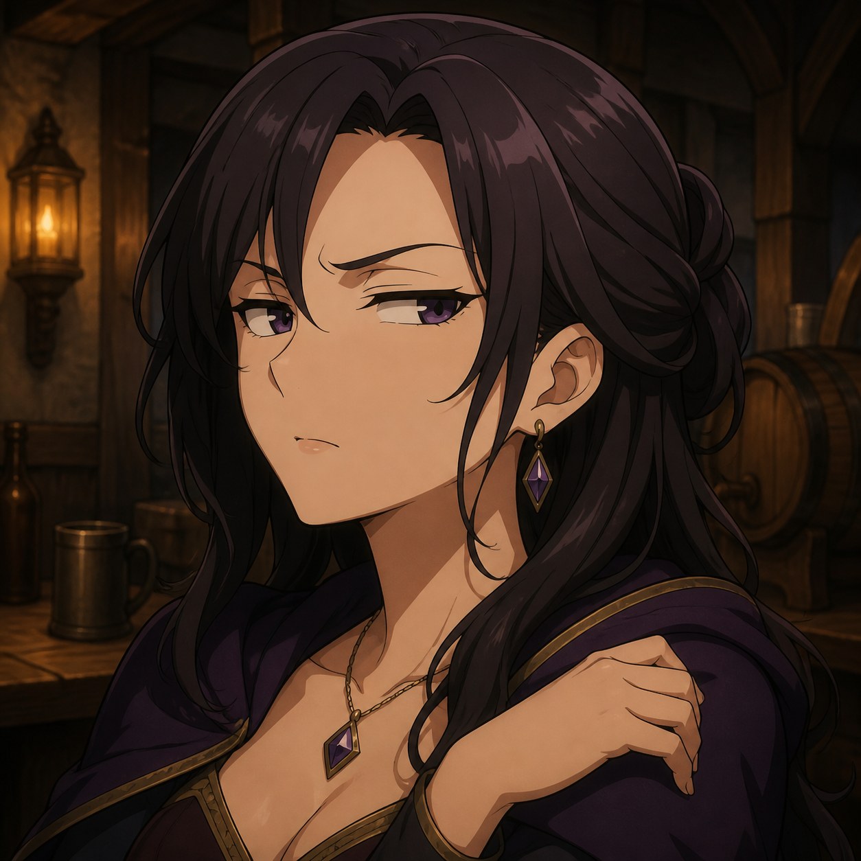 疑われて照れながら視線を返すファンタジーキャラクターの表情