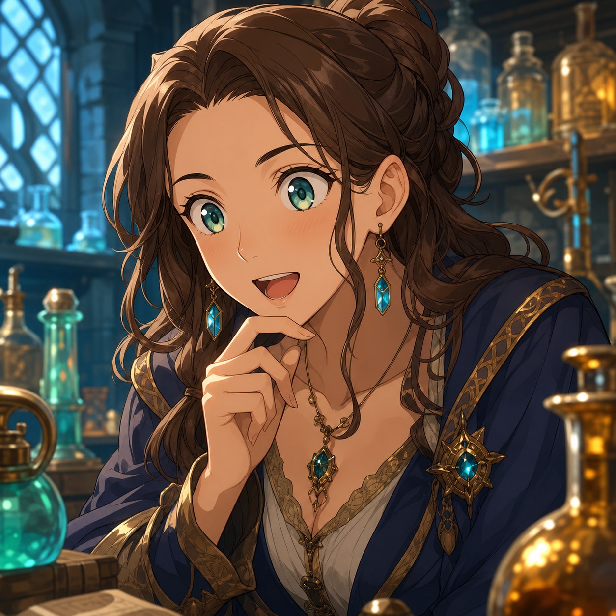 興味を隠しきれず照れるファンタジーキャラクターの表情