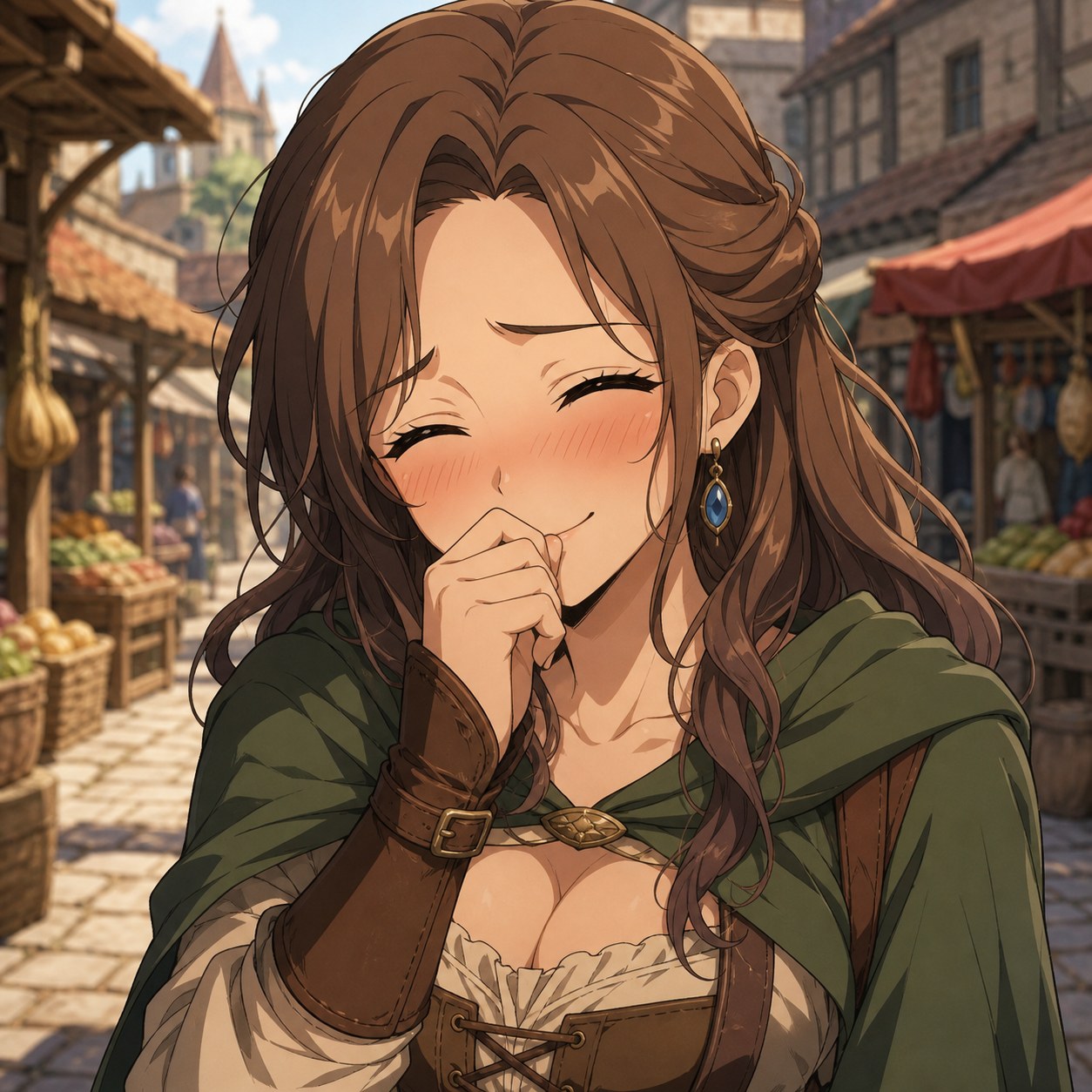 照れ隠しに小さく笑うファンタジーキャラクターの表情
