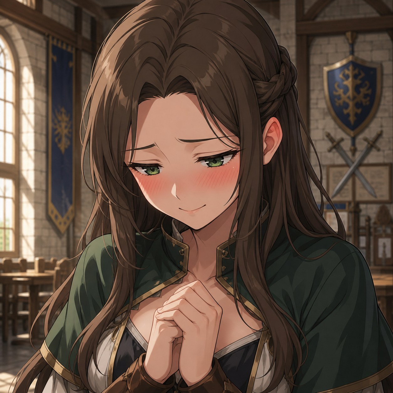 褒められてうつむきながら照れるファンタジーキャラクターの表情