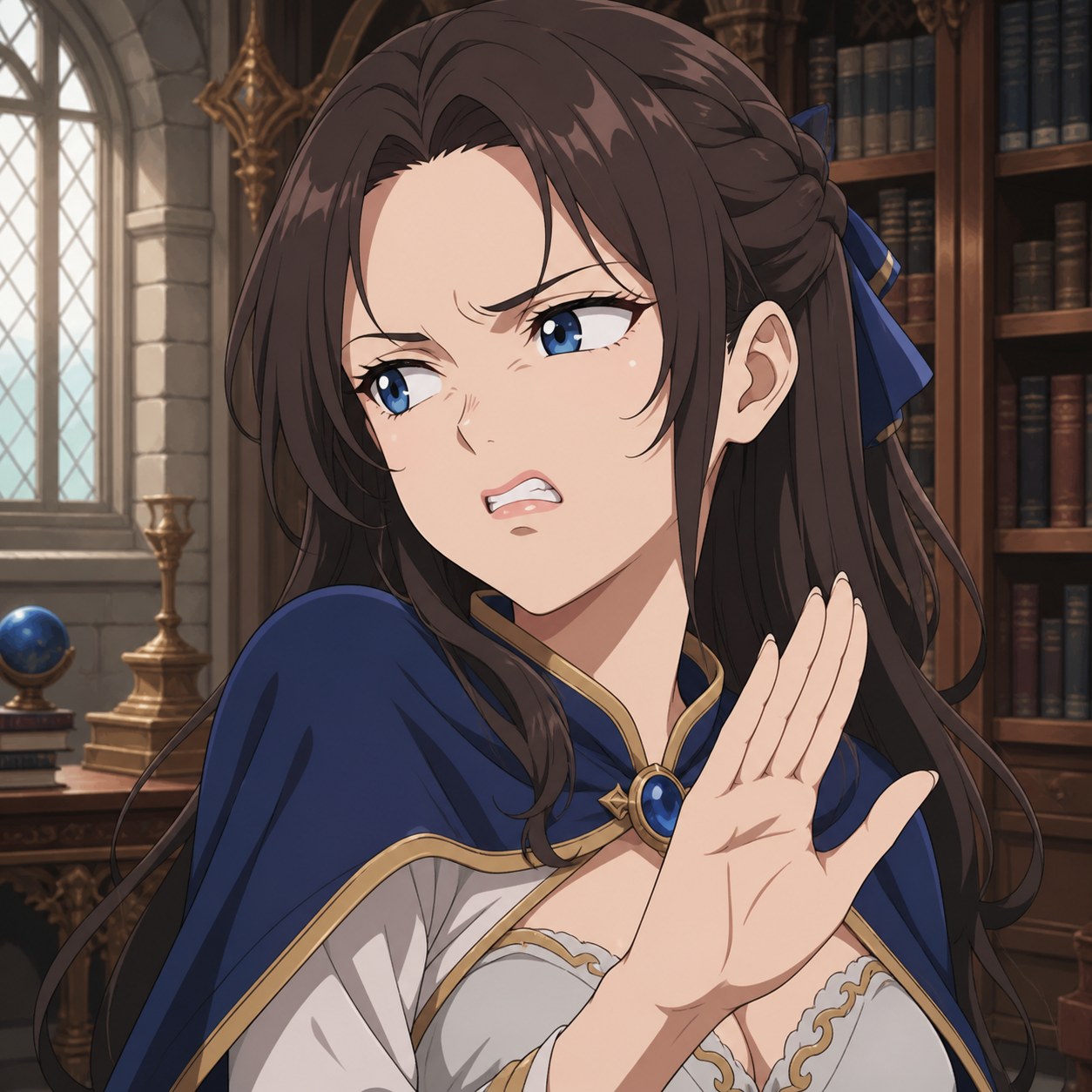 鼻にしわを寄せ、口元をゆがめて強い嫌悪を示すアニメ風女性
