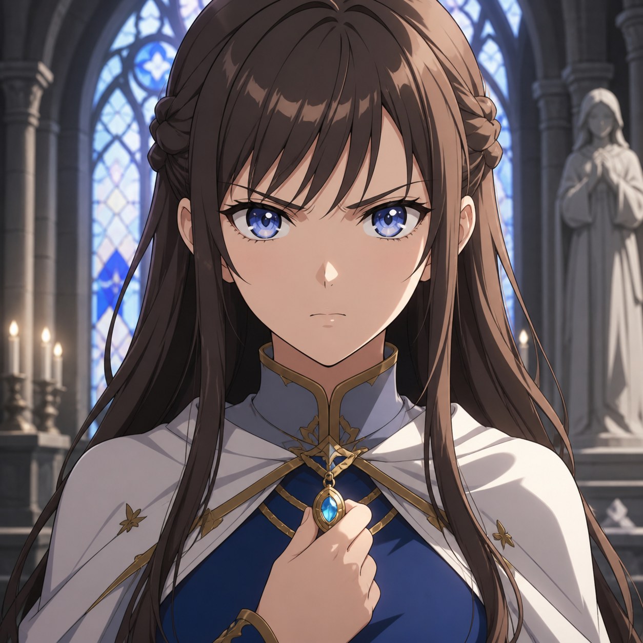 冷たい視線と固く結んだ口で相手を拒絶するアニメ風女性