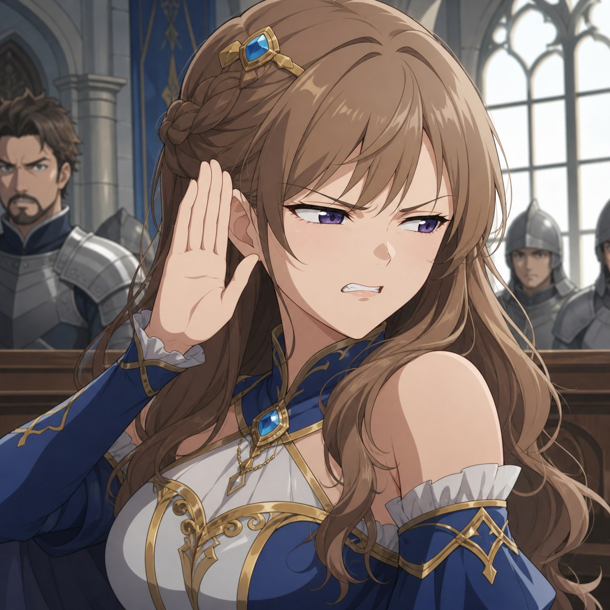 剣の鞘を握り、静かな憎悪をたたえたアニメ風女性