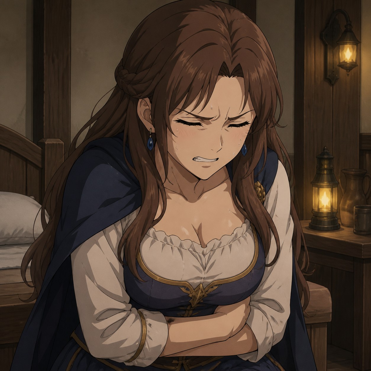 腹部の痛みに耐えるファンタジーキャラクターの表情