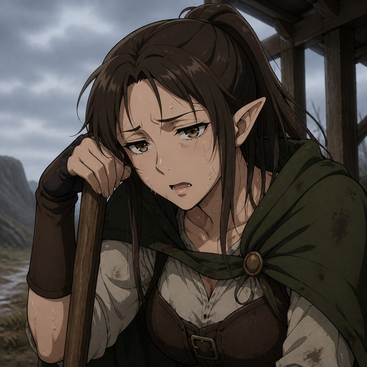 長引く痛みで消耗するファンタジーキャラクターの表情