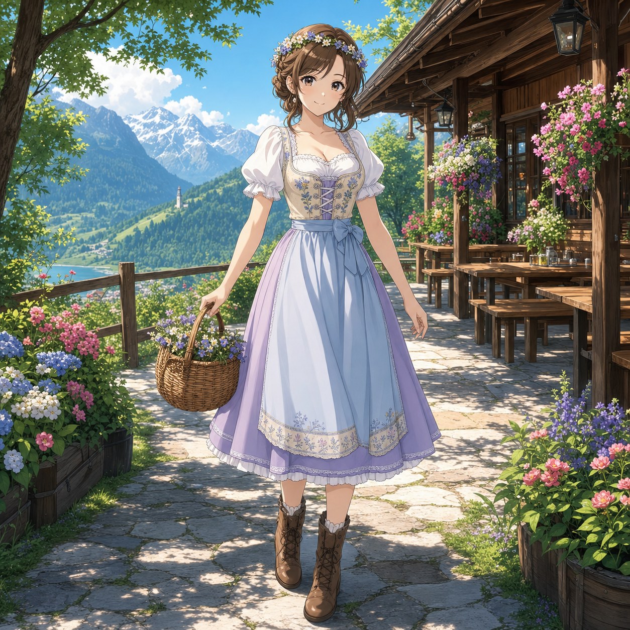 クリーム色の身頃とラベンダー色のスカートを着た夏の花柄ディアンドル