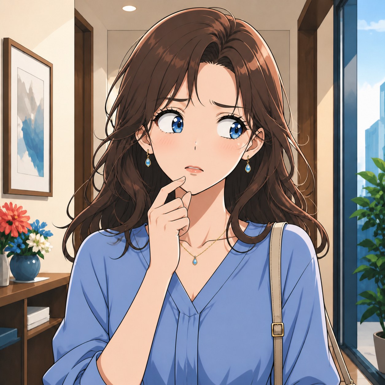 困惑して視線をさまよう表情を表すアニメ人物画像