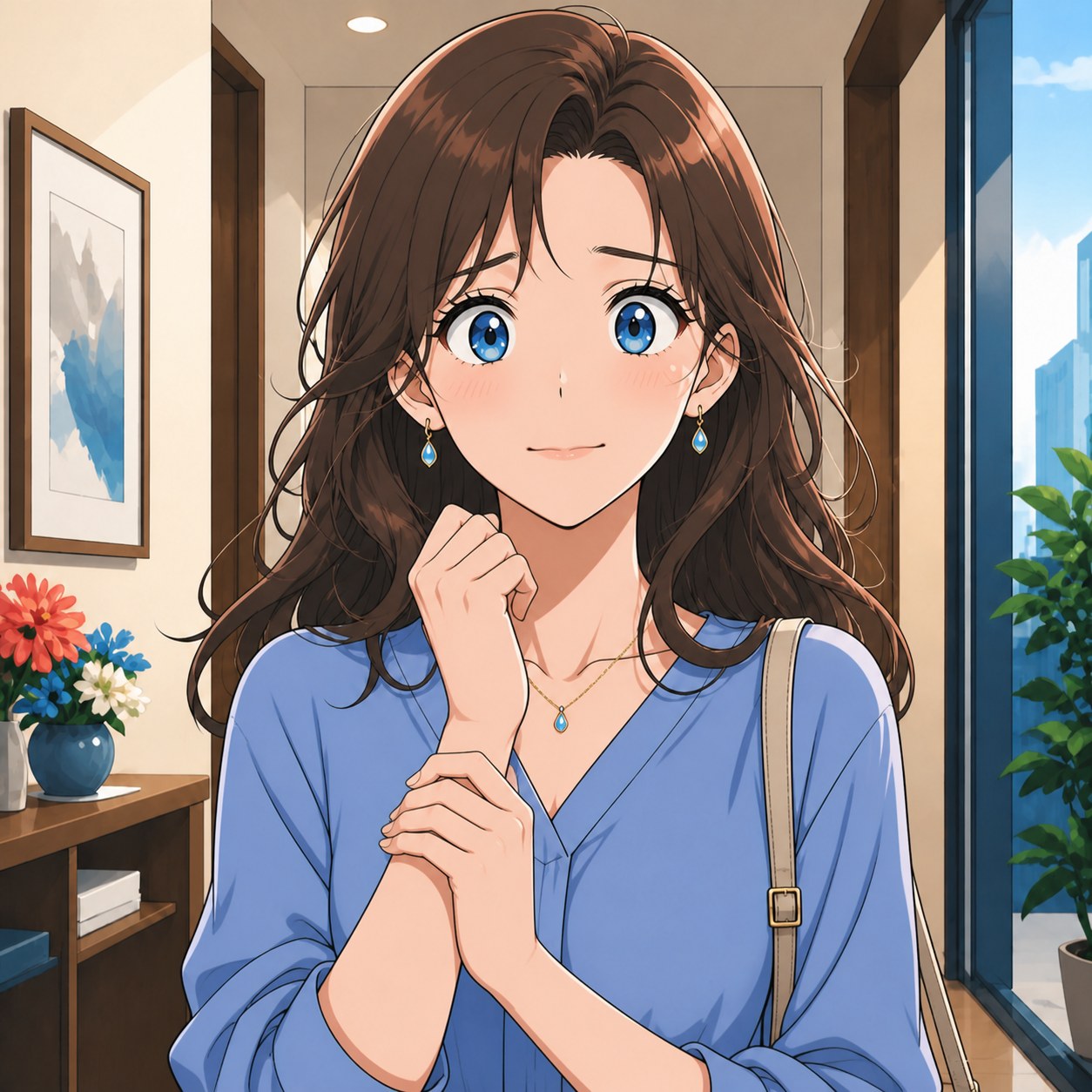 驚きを隠そうとする表情を表すアニメ人物画像