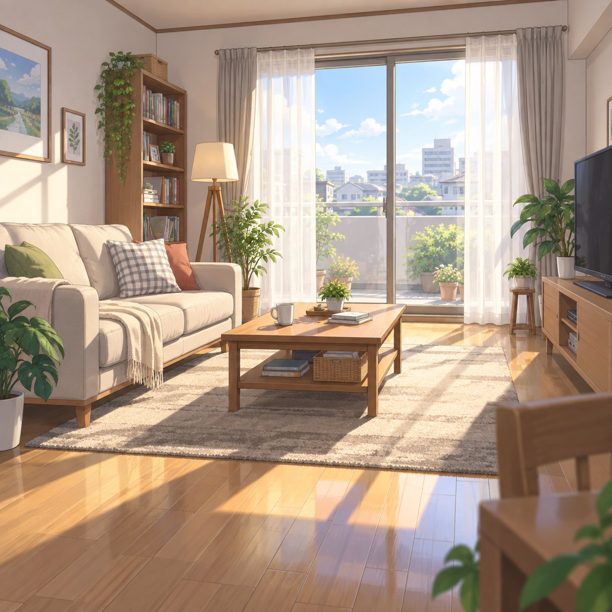 朝の光が入る明るいリビング背景