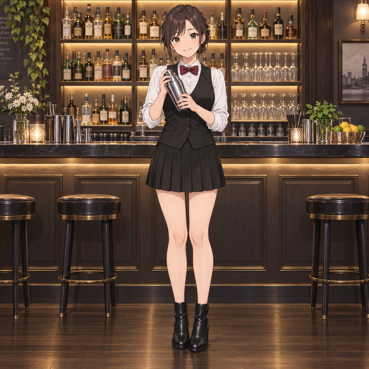 黒いベストと蝶ネクタイでシェイカーを持つ女性バーテンダーのアニメ調イラスト