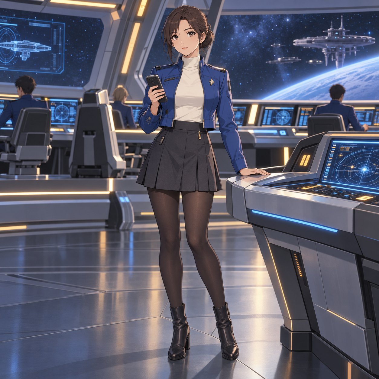 青いカラージャケットと通信端末を持つ宇宙船通信士のアニメ調イラスト