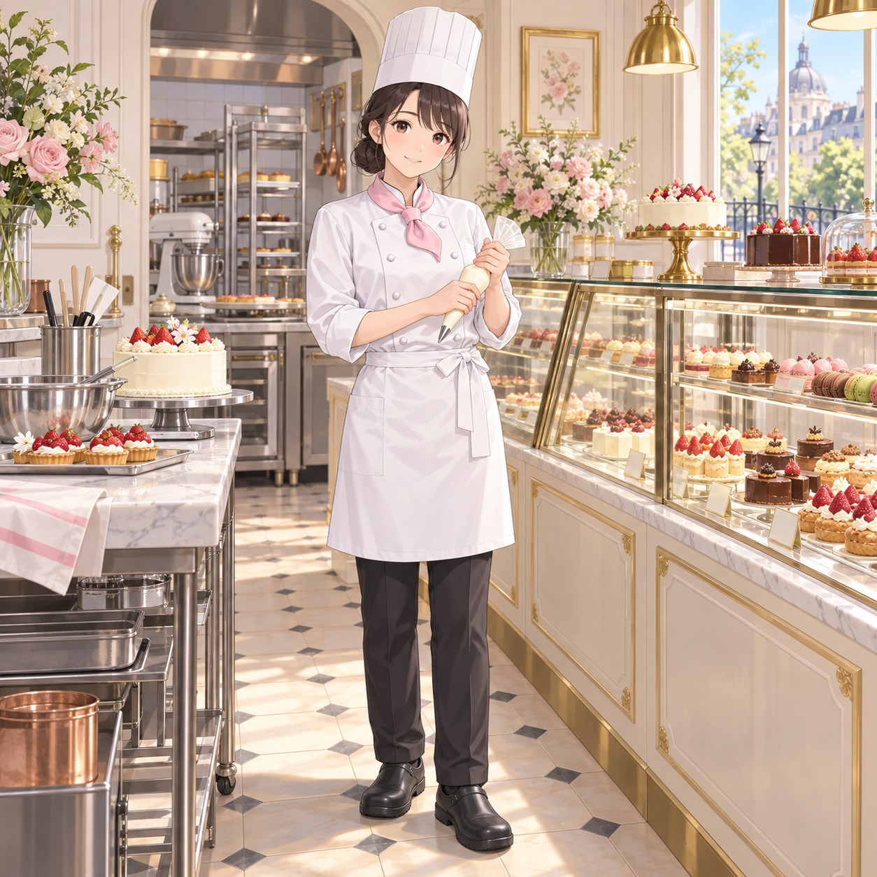 白いダブルジャケットとピンクのスカーフで洋菓子店に立つ女性パティシエのアニメ調イラスト