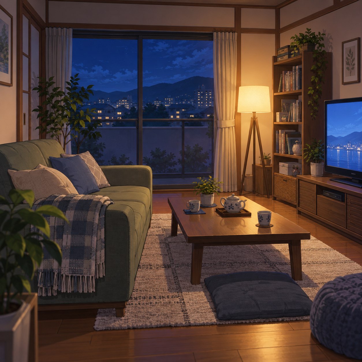 夜のソファと街明かりがあるリビング背景