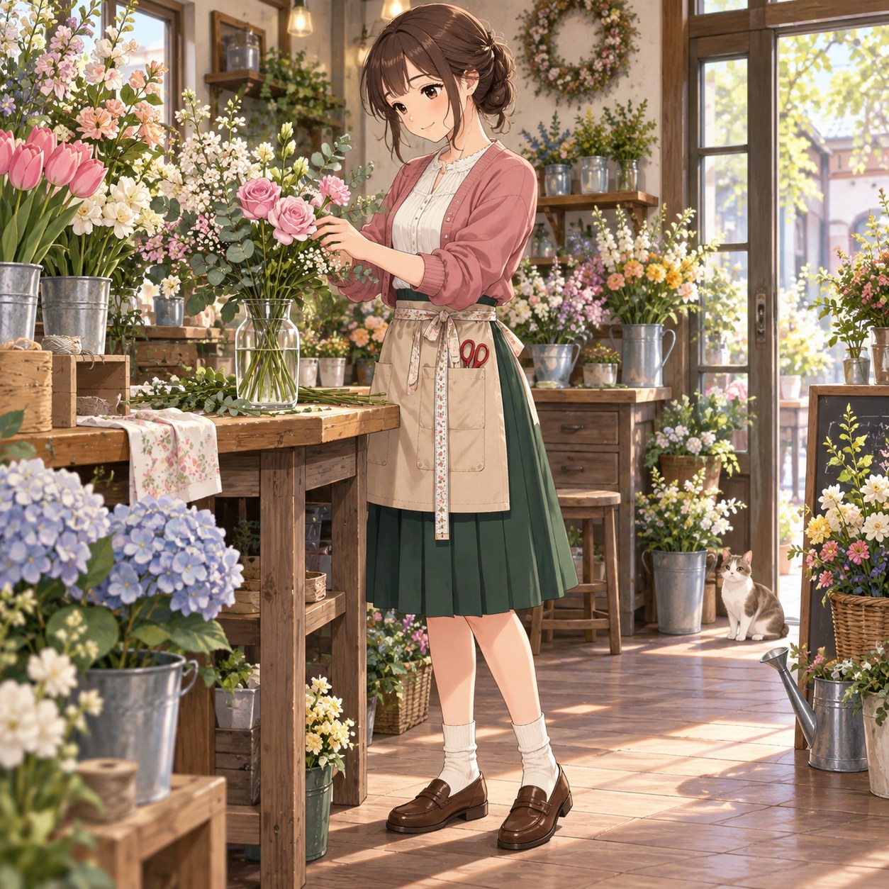 カーディガンと花柄エプロンで切り花を整えるフローリストのアニメ調イラスト