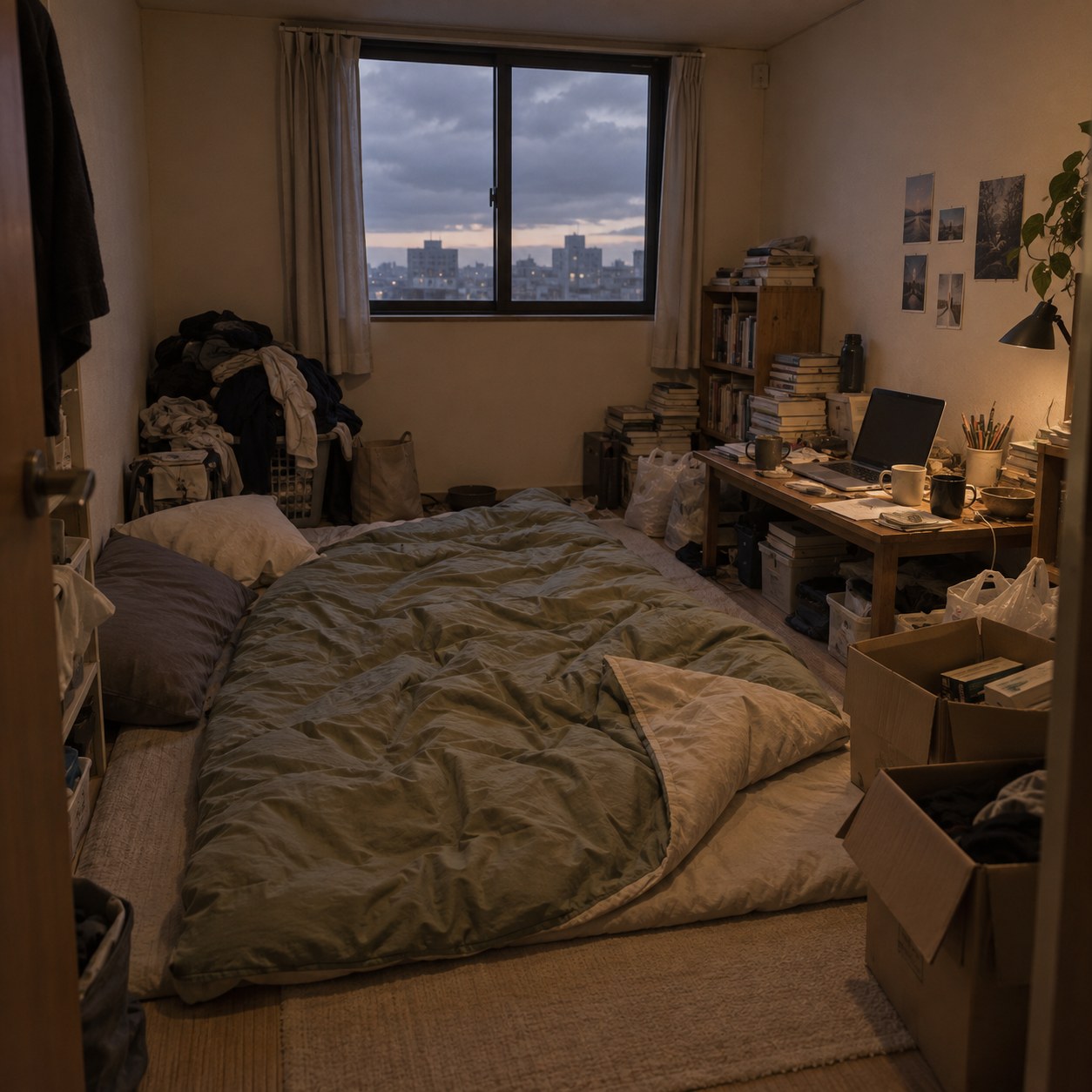 布団の前に散らかった机がある汚部屋背景