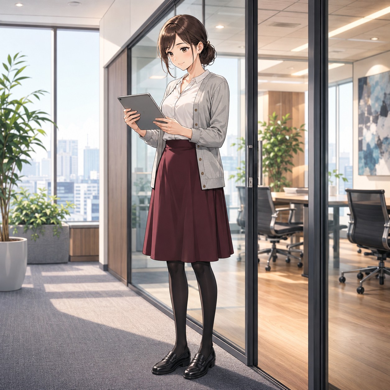 グレーのカーディガンとボルドースカートでタブレットを確認する営業職OLのアニメ調イラスト