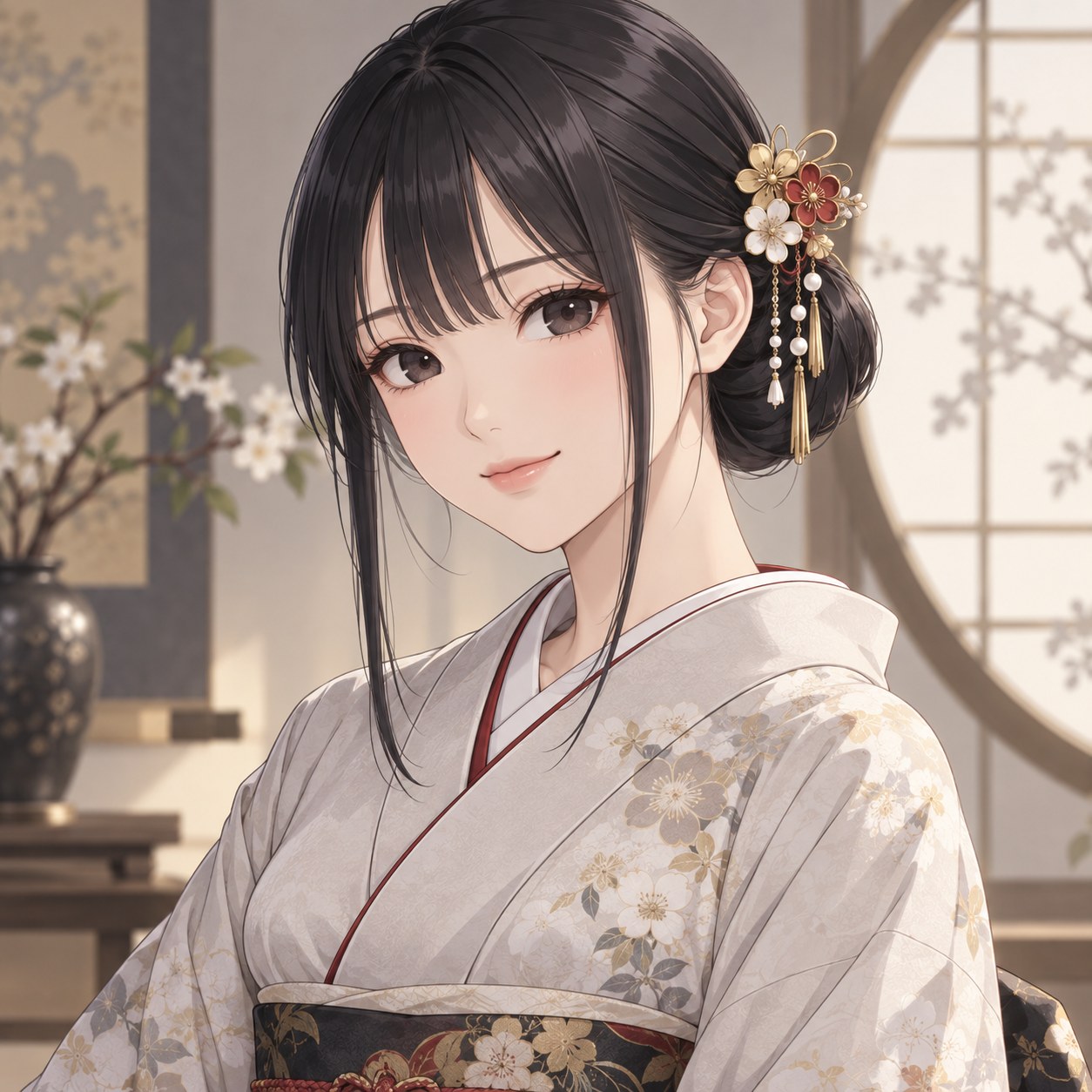 straight black hair with kanzashi