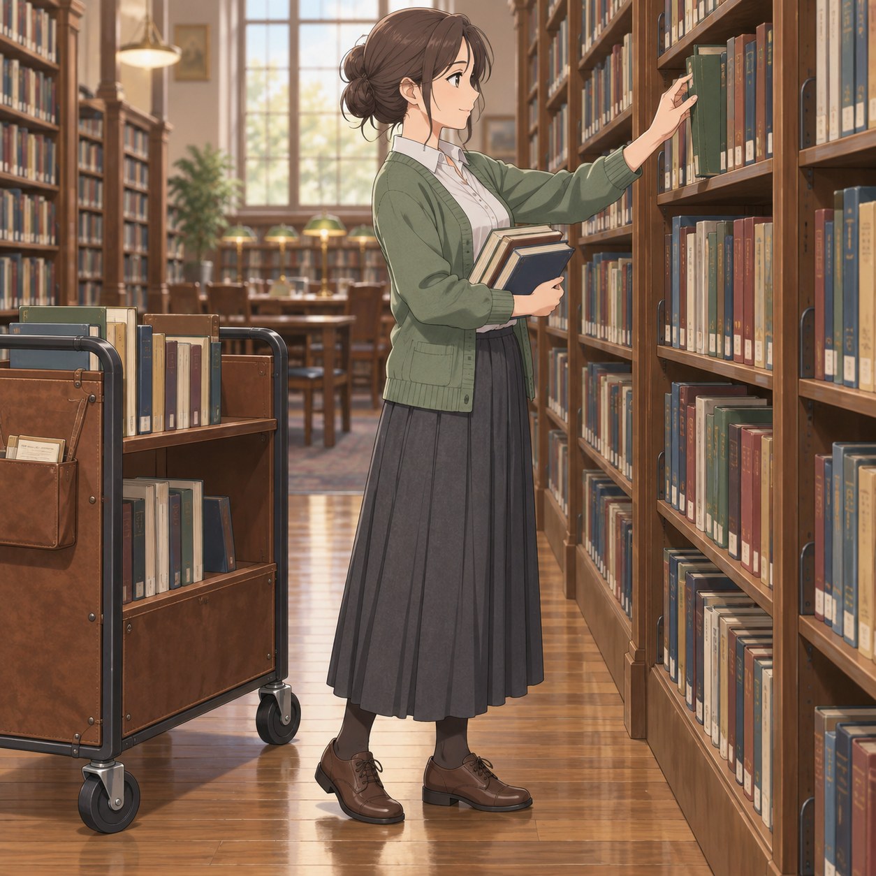 書架整理をする図書館司書コーデ
