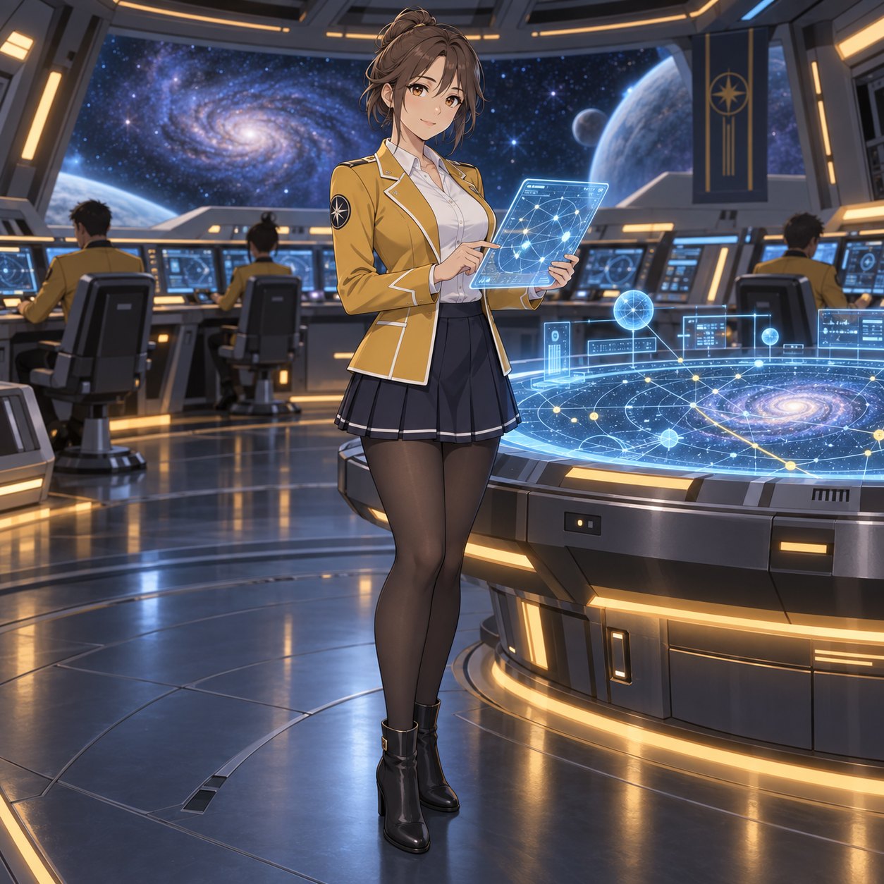 ゴールドのジャケットと航路タブレットを持つ宇宙船ナビゲーターのアニメ調イラスト
