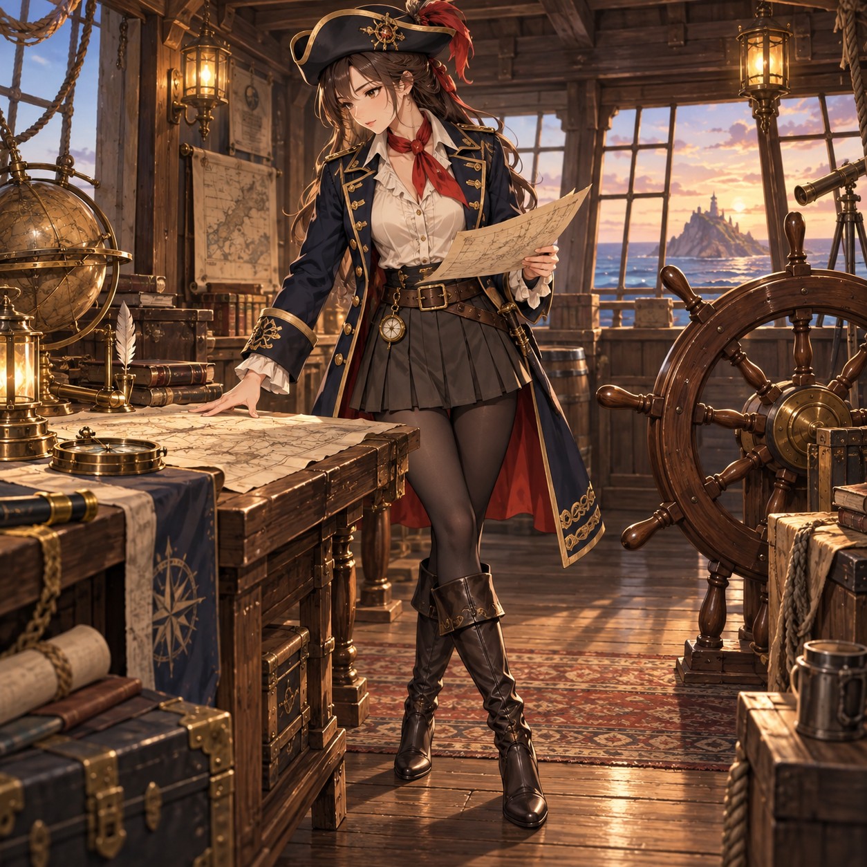 船長コートと赤いスカーフで海図を確認する女性航海士のアニメ調イラスト