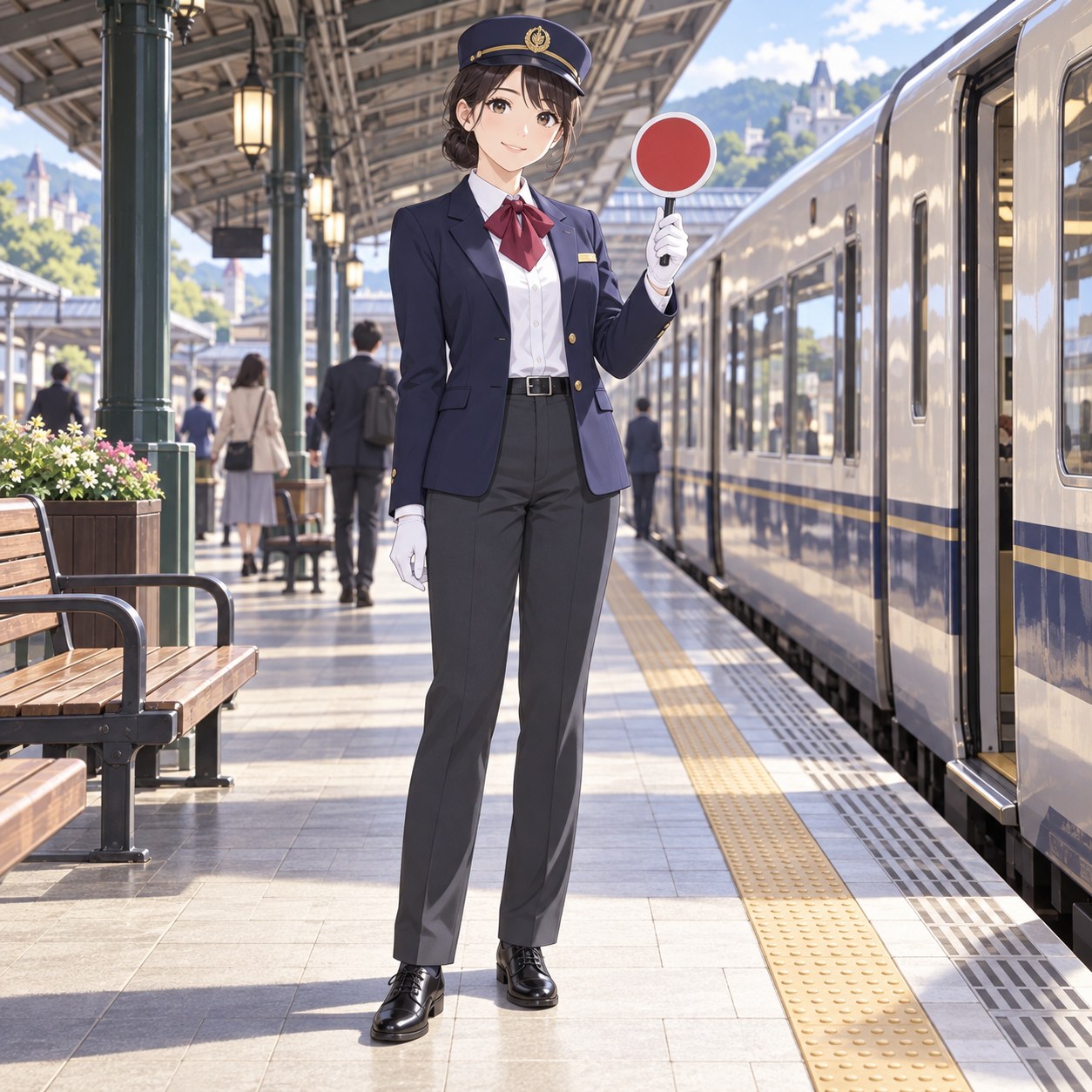 白手袋とサインパドルを持ってホームで案内する女性駅員のアニメ調イラスト